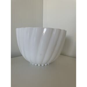 Vintage Hazel Atlas Milk Glass Alpine White Swirl Punch Bowl Set 7 piece